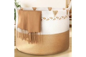 HUAYI Blanket Basket Living Room, Extra Large Storage Basket Woven Cotton Rope Laundry Hamper