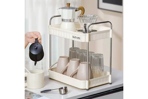 Modern Cream-Style Plastic Desktop Storage Tray for Food Beverages Cosmetics for Kitchen Bathroom Bedroom Drainage Use