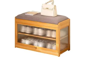 Modern Bamboo Shoe Storage Bench with Cushion 2-Tier Shoe Rack with Detachable Dividers Space-Saving Large Capacity Carbon Steel