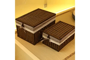 Modern Eco-Friendly Rectangle Rattan Wicker Precision-Made Lightweight Multifunction Storage Box Lid Woven Clothing Basket