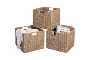Natural Seagrass Hand-woven Decorative Foldable Cube Storage Baskets 30x30x26CM for Home Organization