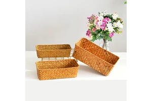 Rectangular Rattan Woven Straw Baskets Eco-Friendly Rustic Decorative Storage for Food & Stationery Multi-Purpose Everyday Use