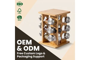 Free-standing Contemporary Round Bamboo Spice Rack With Swivel Base Eco-Friendly And Durable Kitchen Countertop Organizer