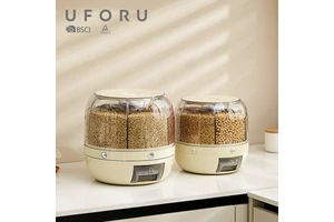 Uforu Aesthetic Stylish Rice Cereal Dispenser Rotating Sealed Transparent Airtight Grain Storage Food Containers