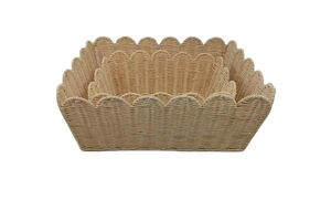 Hand Woven Rectangle Wavy Edge Paper Rope Straw Bamboo Fruit Rattan Picnic Storage Baskets Set For Desktop Kitchen Bedroom