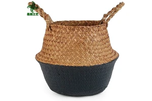 Boho Handmade Natural Belly Straw Seagrass Woven Wicker Storage Laundry Baskets For Indoor Outdoor Home Garden Decoration