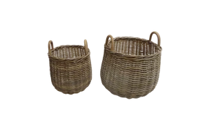Set of 2 Classic Round FSC Gray Rattan Storage Baskets for Outdoor Furniture Courtyard Living Room Hotel or Warehouse Use