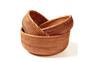 Vietnam Round Straw Wicker Basket 3 Pack Rectangular Rattan Storage Baskets