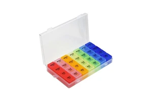 A 7Rainbow Weekly Pill Medicine case with 28 Case Plastic Pill Box Daily Pill Box Portable Storage Box