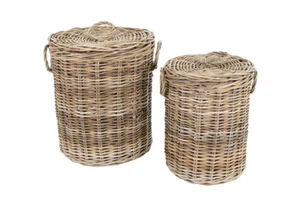 Modern Rattan Basket Natural Color Kubu Material Home Furniture Set 2 for Living Room Bathroom Dining Sizes 48x56cm 39x49cm