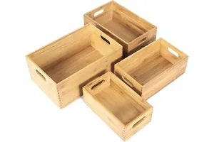 Set 4 Nesting Wooden Crates Bamboo Handles Handmade Natural Square Bins For Storage Organization Shelf Large Office Organizers