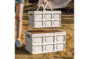 WANUO Collapsible Car Trunk Organizer 25L/50L Plastic Trunk Organizer with Wooden Lid & Handle