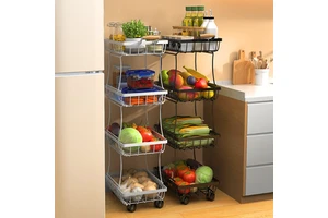 Cross-border KD Style Four-tier Metal Fruit Vegetable Basket Storage Rack Floor-standing Movable Pulley Belt Kitchen Mobile Cart