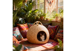 Washable Removable Cover Boho Water Hyacinth Cat House Portable Wicker Basket Hand Wash For Cats & Small Dogs