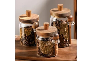 Acacia Wood Lid Glass Sealed Coffee Bean Storage Jar With Storage Box For Powdered Coffee Tea Candy Spoon Storage