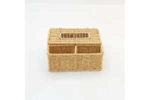 Nordic Eco Friendly Handwoven Yellow Rectangle Tissue Box Plastic Woven Rattan Storage Basket Lid Desktop Living Room