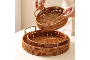 Wholesale Plastic Rattan Wicker Basket with Handles Home Kitchen Fruit and Vegetable Bread Storage Basket Food Safe