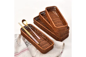 fake Wicker Rattan Storage Basket Handwoven Food Grade Organizer for Kitchen Vegetables Utensils Drainage collect Tray