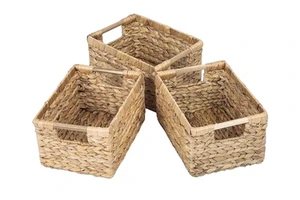 Natural Water Hyacinth Storage Basket with Handle, Rectangular Wicker Basket for Organizing, Decorative Wicker Storage Basket