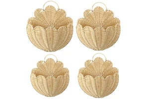 Wholesale Nordic Scalloped Rattan Woven Wall Mounted Hanging Basket Handmade Decorative Flower Pot Home Storage Organizer Bin