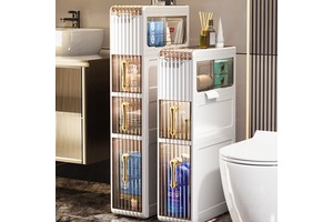 Waterproof Narrow Rolling Bathroom Storage Cart Clear Drawer Slim Gap Cabinet Storage Box for Washroom Skincare Supplies