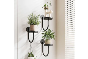 Black 1-Piece Modern Iron Indoor Wall Plant Holder Hanger with Storage Shelves for Flower Pots and Decor