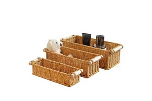 Handmade Rectangular Plastic Woven Waterproof Storage Basket Wooden Handles European Modern Decorative Shelf Organizer Bin for