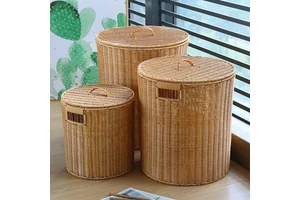 Handmade Round Rattan Woven Waste Bins Lids Wicker Baskets Laundry Hamper Other Home Clothing Storages & Organization