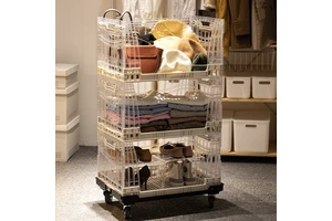 SHIMOYAMA Large Volume Stackable Storage Basket Industrial Style Collapsible Plastic Foldable Storage Box with Moving Trolley
