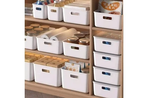 Stackable Plastic White Storage Container Bins with Handles for Home or Office Organization Storage Bin with Flat Lids
