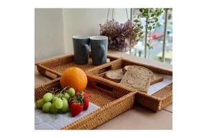 Handmade Rattan Trays With Handles Handwoven Rectangular Multi-purpose Storage Baskets Natural Rattan Set Of 3 Different Sizes