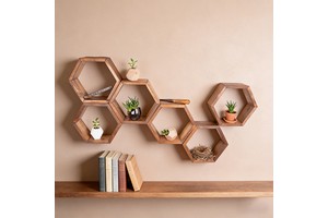 Durable Living Room Wall Storage Rack Bedroom Decoration Storage Rack Wooden Craft for Household Hexagon Wood Shelf Set