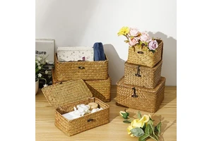 Seagrass Baskets Woven Wicker Straw Fruit Home Rectangular Gift Hamper Straw Baskets With Lid