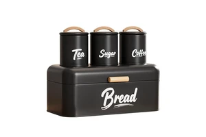 Vintage Loaves Bread Bin Large Metal Bread Storage Container With 3 Matching Coffee Tea Sugar Canisters