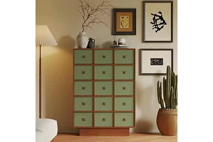 Solid Oak Storage Cabinet - Star Pattern Decor, Freestanding Organizer for Living Room with Ample Storage Space