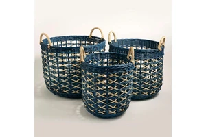 Coastal Style Rattan Basket Handmade Eco-Friendly Wicker Blue Storage Basket For Home Organization