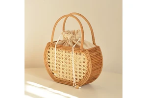 Handmade Country-style Cylindrical Wicker Basket Drawstring Closure for Storage Picnics; Hand-woven Rattan