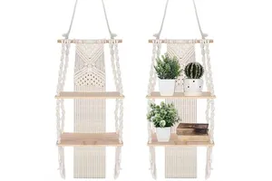 Single Tier Cotton Macrame Boho Wall Hanging Shelf Handmade Woven Rope Plant Display Storage Rack Bedroom Bathroom Birthday