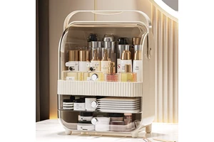 Chic Portable Makeup Organizer Top Handle Transparent Flip Cover Multi Drawer Dust Free Acrylic Beauty Case Daily Use Storage