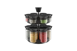 2-Tiered Portable 360 Rotating Spice Lazy Susan Rack Organizer With Glass Jars Modern Luxury For Kitchen Countertop