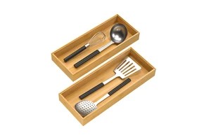 Bamboo 15\"x6\"x2\" Drawer Organizer Wood Tray for Silverware Utensils Kitchen Bedroom Cutlery Tools 2 Food Bag Storage