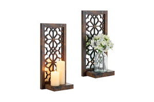 Modern Vintage Rustic Brown Wood Floating Wall Multifunctional Storage Shelves Vertical Design Sconces Living Room Fireplace