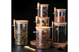 Ideal Bamboo Transparent PET Pantry Canisters With Bamboo Spoon Plastic Airtight Food Storage Container With Silicone Seal