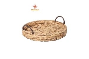 H&T 2025 OEM Water Hyacinth Tray Bread Flower Picnic Handmade Woven Custom Straw Wicker Rattan Storage Basket