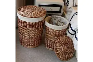 Round Wicker Basket for Clothes Storage Water Hyacinth Rattan Hamper Woven Laundry Hamper with Lid