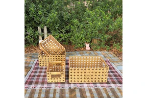 Set of 4 Multifunctional Eco-Friendly PE Storage Baskets Fashionable Handwoven Rattan Metal Colorful Woven Home Decor Picnics