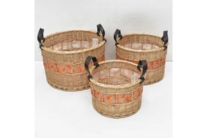 Cheap Round Natural Color Large Wicker Woven Basket Storage Circle Weave Willow Rattan Basket Sets With Leather Handle