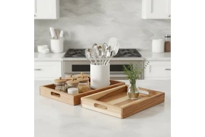 Modern Wooden Storage Trays with Handles Multifunction Design Sustainable & Easy to Clean for Kitchen and Living Room Use