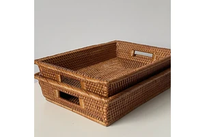 Large Rectangular Rattan Storage Tray With Cutout Handles Handwoven Wicker Basket for Under-Drawer Organization Home & Hotel Dec