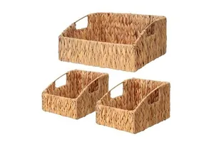 Set Of 3 Natural Water Hyacinth Storage Baskets Handwoven Wicker Storage Bins With Built-in Handles